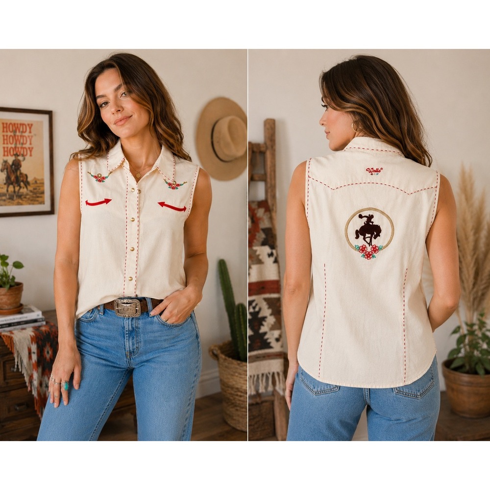Walls Cowgirl Ranch Wear MED Western Snap Button Shirt Cream Embroidered Bronco